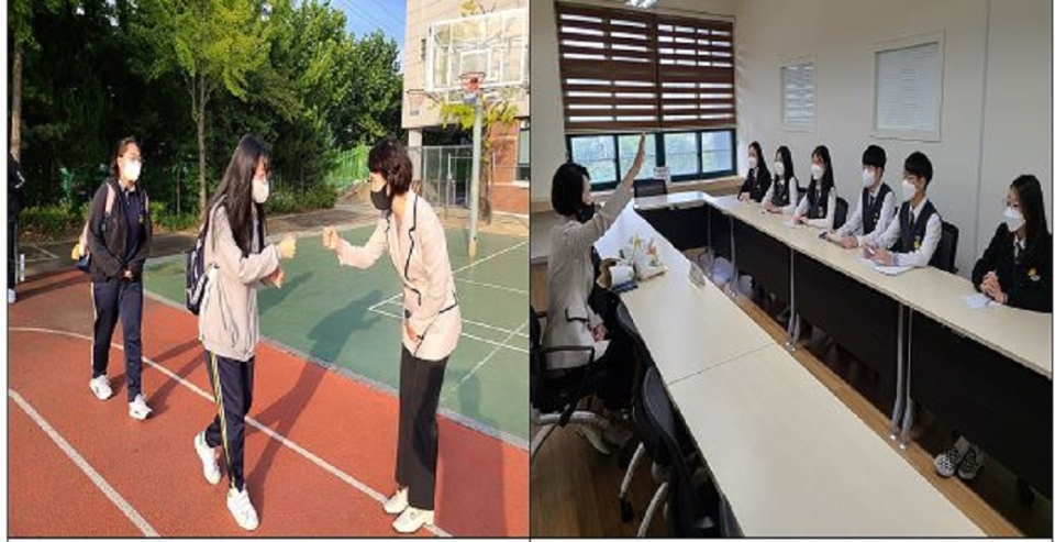 유인숙 서울동작관악교육장이 신림중학교를 방문, 등교하는 학생들과 인사를 나누고 있다.